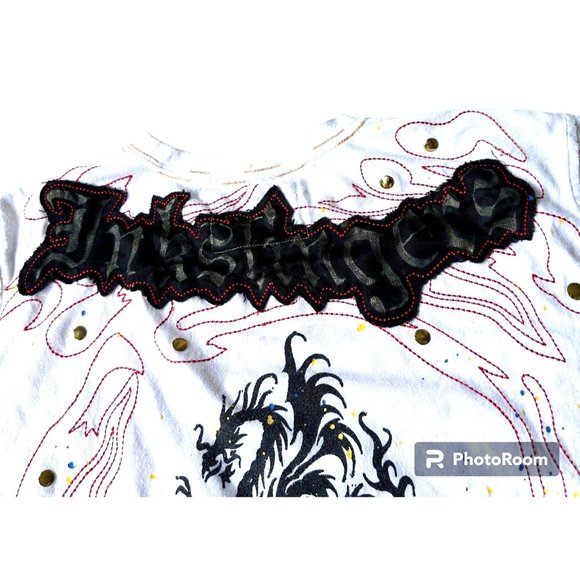 VTG Inkslingers T-shirt Sz L Blue Moe White Devil Dragon Embroidered Tat… - Picture 9 of 12